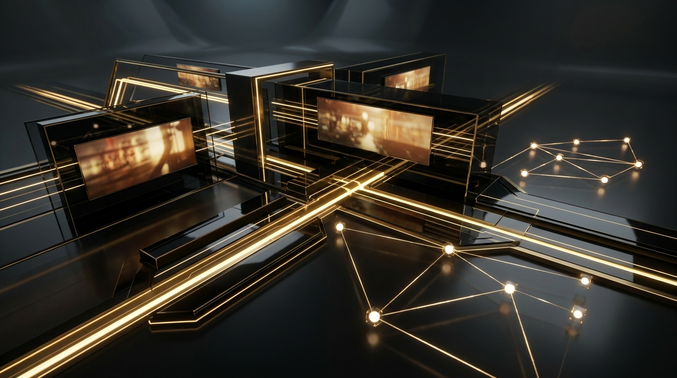 Cinematic media network with illuminated pathways and connected nodes